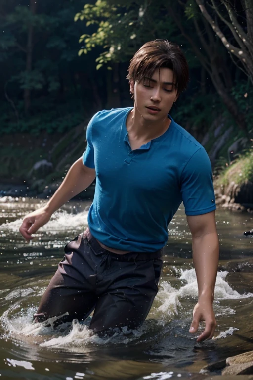 Jungkook, a shirtless athletic man running on a lake, dramatic cinematic lighting, moody color palette, vogue magazine cover concept, detailed musculature, water splashing, photorealistic,chiaroscuro,dramatic shadows,vibrant colors,high contrast,dynamic pose,glossy skin,sculpted abs,wet hair,striking gaze,powerful movement, orange smoke