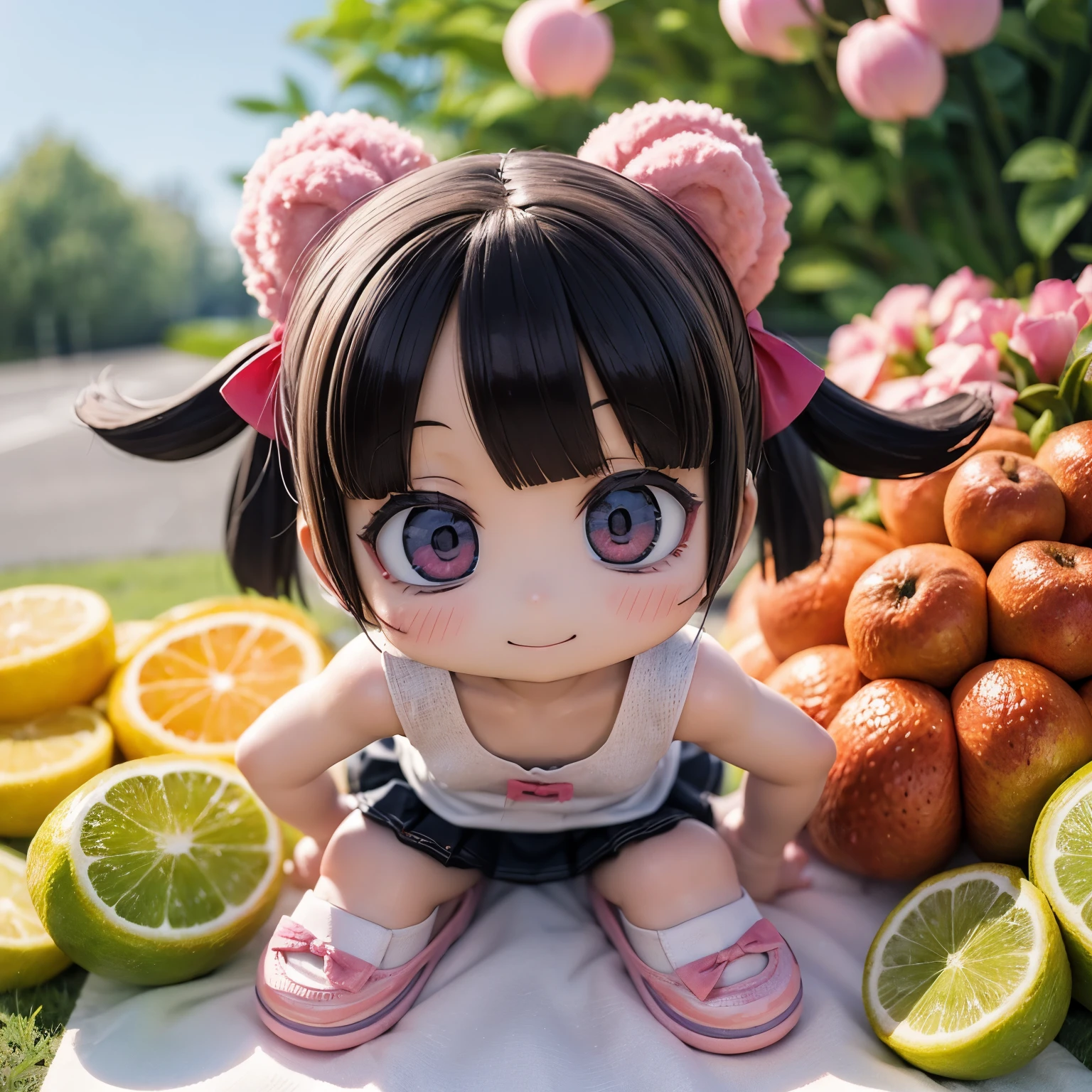 (photorealistic:1.37)、octane rendering、Chibi girl doll in the center of a fruit platter、Girl has twin tail hairstyle and smiles、Bright colors、soft sunlight、playful atmosphere、peaceful environment、detailed texture、Bright colors、cute shoes with accessories、He looks happy