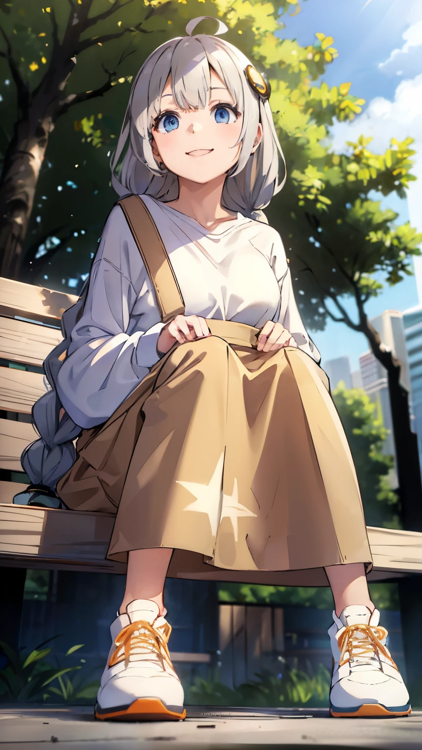 masterpiece,best quality,highres,ultra-detailed,bbakari,blue eyes,long hair,ahoge,twin braids,white shirt,long sleeves,long skirt,suspender skirt,star print,striped,sneakers,outdoors,bench,sitting,smile,