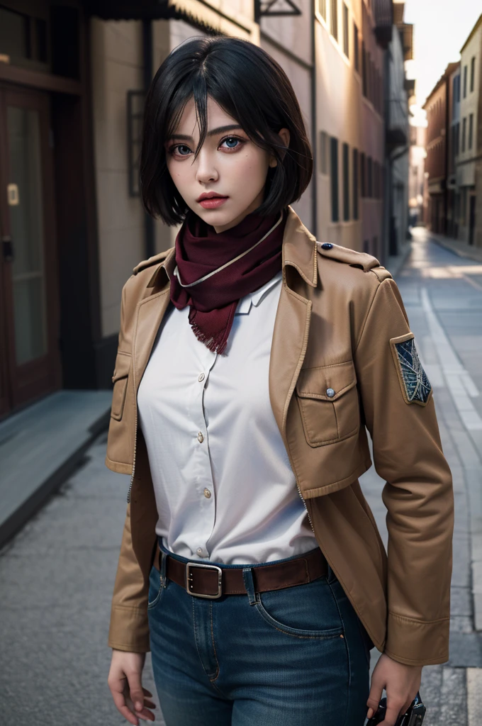 (Best Quality, Masterpiece:1.4), (Realism:1.2), (Realisitc:1.2), (Absurdres:1.2), (photorealistic:1.3), 1girl,Realistic Skin,Solo,( Very Big Eyes,beautiful detailed eyes, symmetric eyes), outdoors,cowboy shot,mikasa_ackerman, scarf, jacket, paradis military uniform, belt, thigh strap