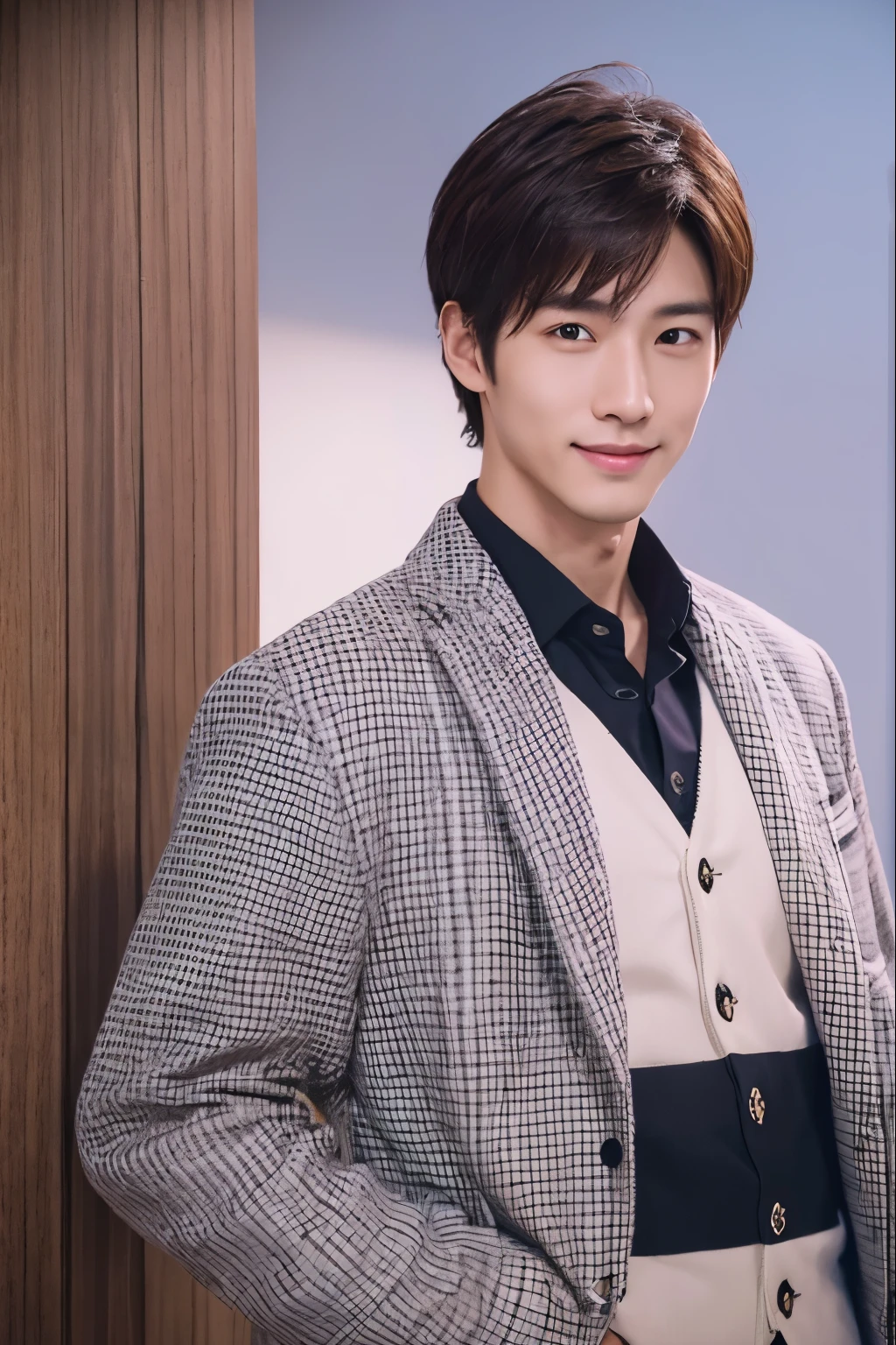 Top quality, 8k, ultra high res, one handsome Japanese male idol, 25 years old, jacket, no tie, 35mm lens, f/1, (white background: 1.3), lounge, frontal face, he is smile, standing, clean shaven, slender face, cool face,