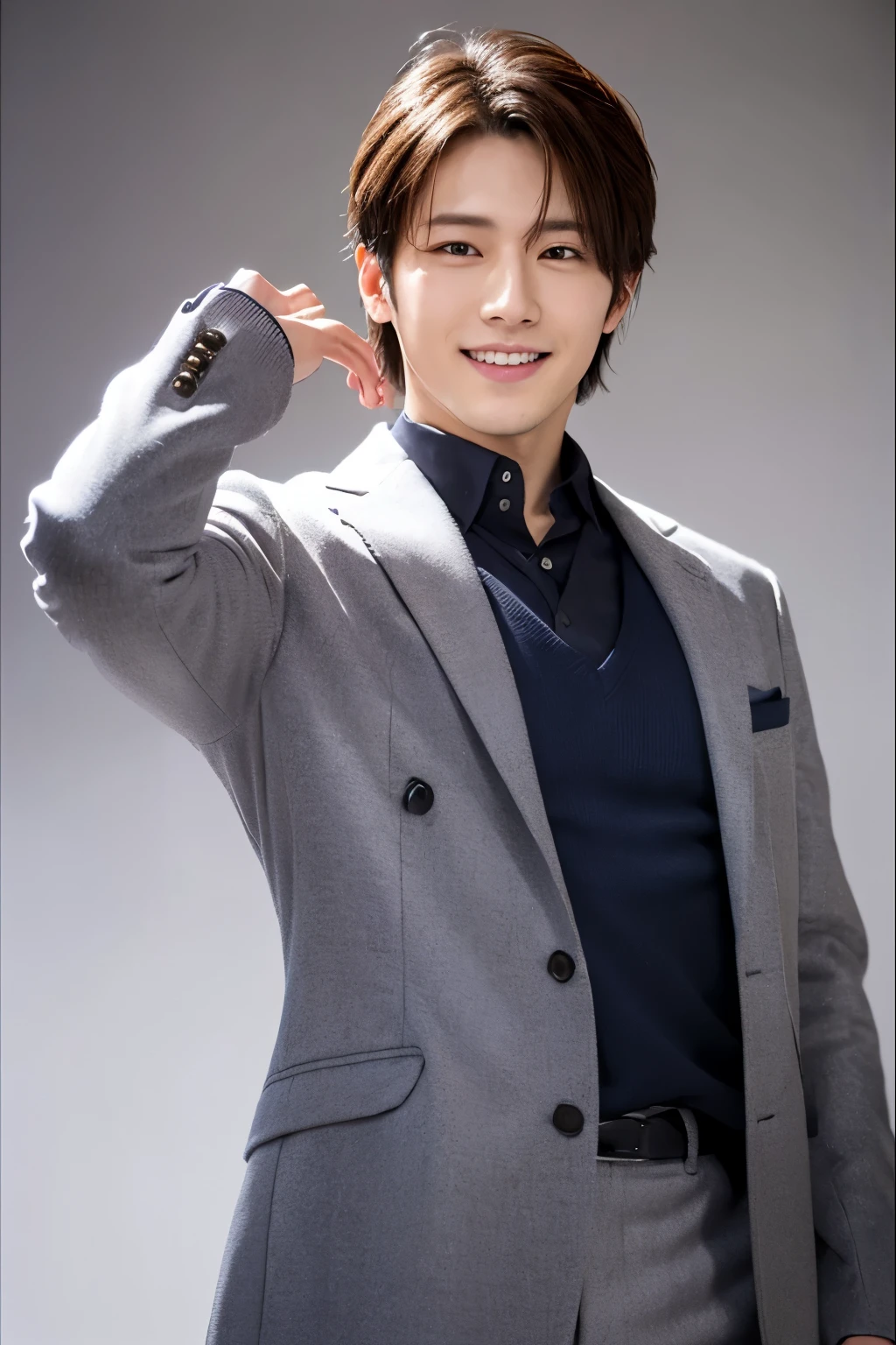 Top quality, 8k, ultra high res, one handsome Japanese male idol, 25 years old, jacket, no tie, 35mm lens, f/1, (white background: 1.3), lounge, frontal face, he is smile, standing, clean shaven, slender face, cool face,