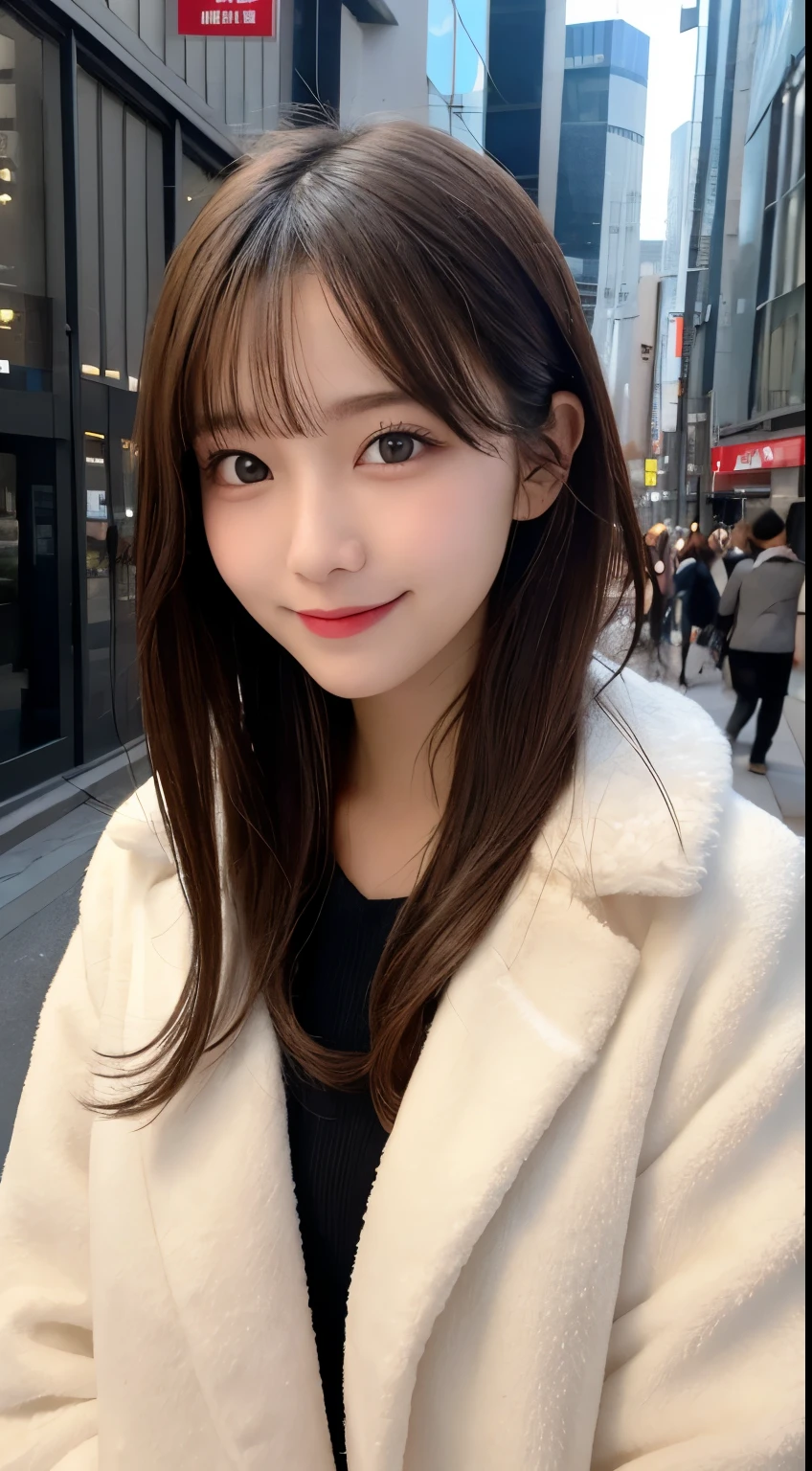 table top, highest quality, shape, Super detailed, finely, High resolution, 8k wallpaper, 完璧なダイナミックな構shape, beautiful and detailed eyes, tokyo trend冬ファッション,tokyo trend＆Introducing cute hairstyles at random, small breasts, natural color lip, random sexy pose,cute smile,big city、20 year old girl、beautiful and detailed face、perfect and beautiful face,Big eyes、Wear fluffy black outerwear with fur、beautiful detailed face、perfect and beautiful double eyelids、blur the background、perfect and beautiful face、