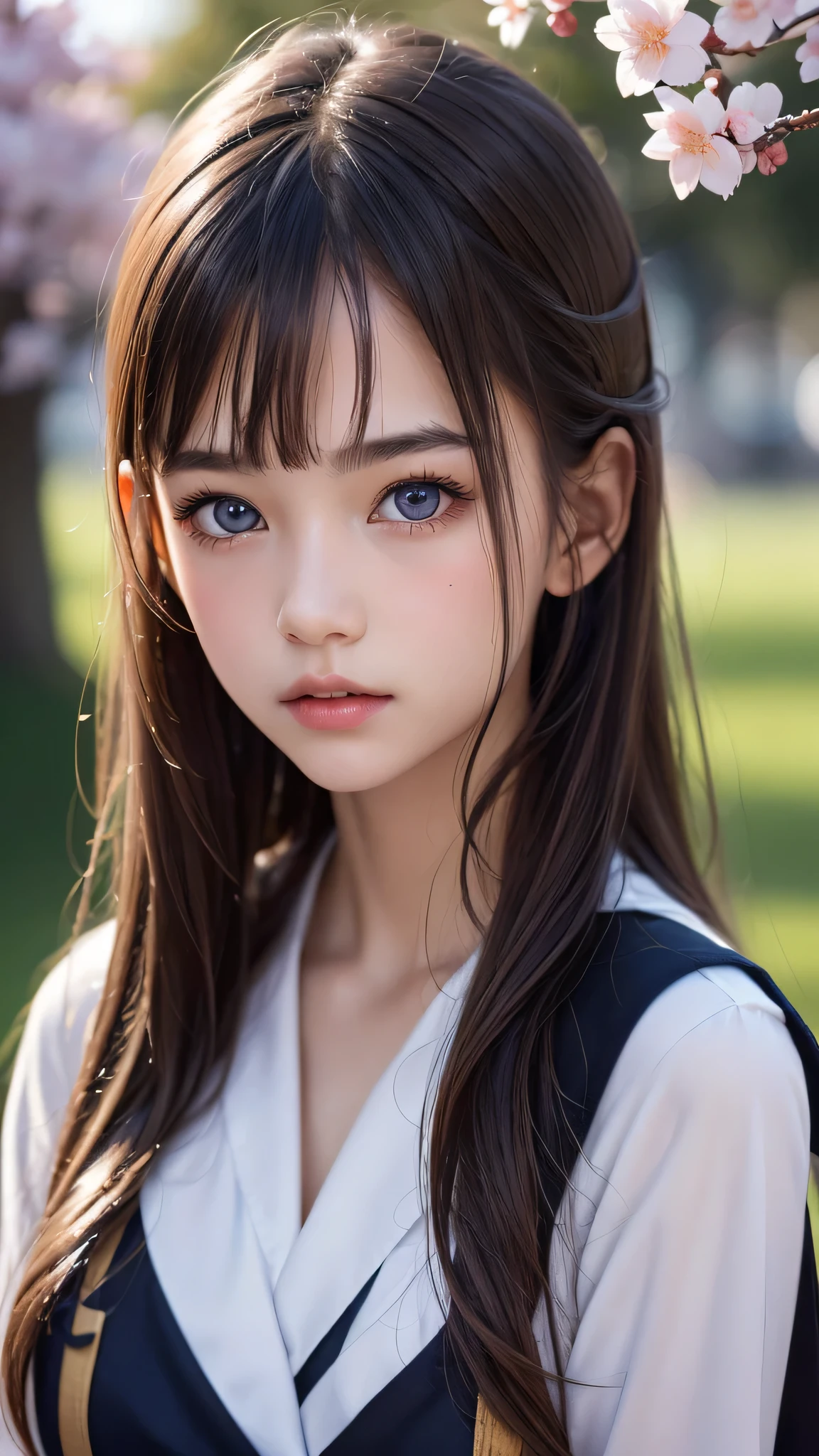 (1young girl), Amazing face and eyes, (amazingly beautiful girl), (Best Quality:1.4), (Ultra-detailed), (extremely detailed CG unified 8k wallpaper), Highly detailed, High-definition raw color photos, Professional Photography, sailor uniform, school uniform, School, Spring, cherry blossoms,