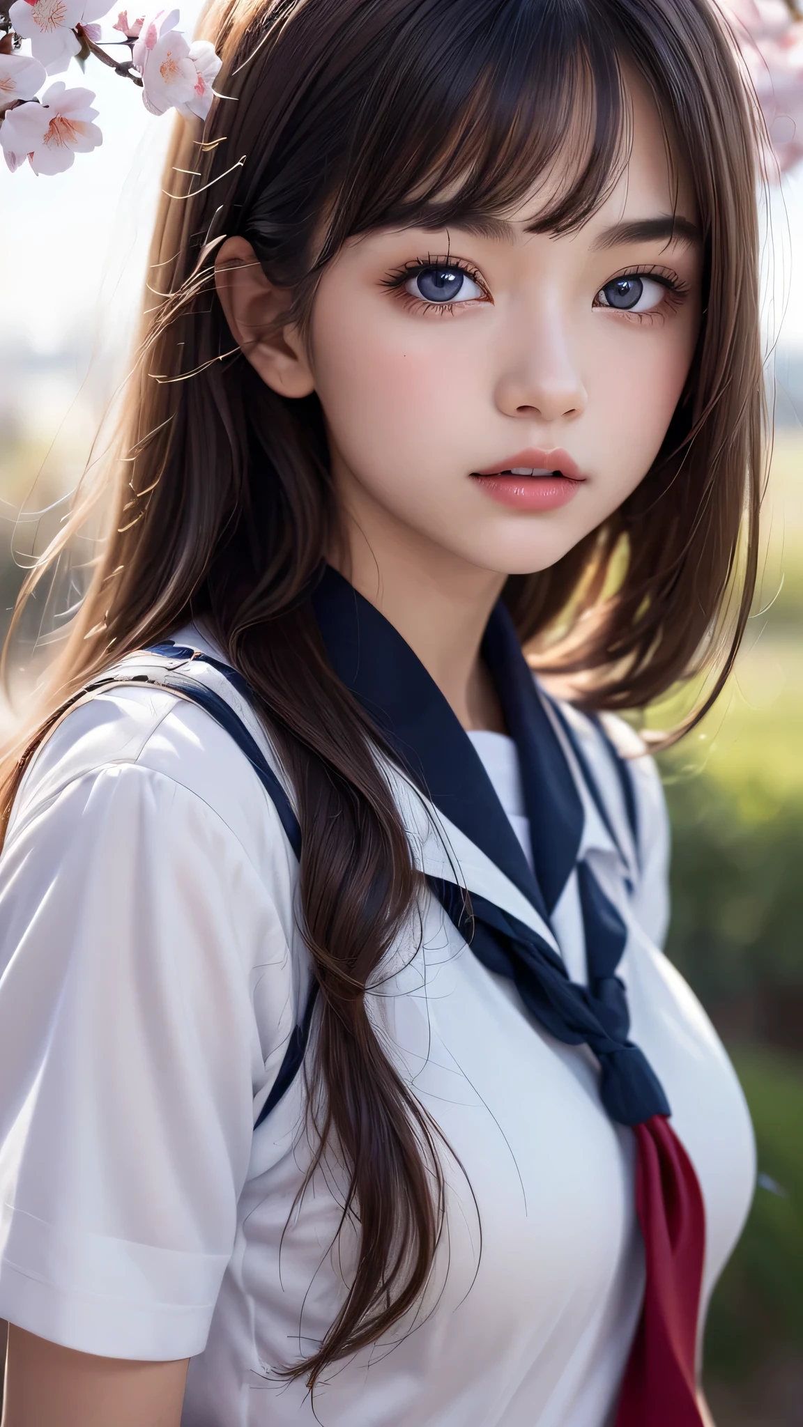 (ung girl), Amazing face and eyes, (amazingly beautiful girl), (Best Quality:1.4), (Ultra-detailed), (extremely detailed CG unified 8k wallpaper), Highly detailed, High-definition raw color photos, Professional Photography, sailor uniform, school uniform, School, Spring, cherry blossoms,