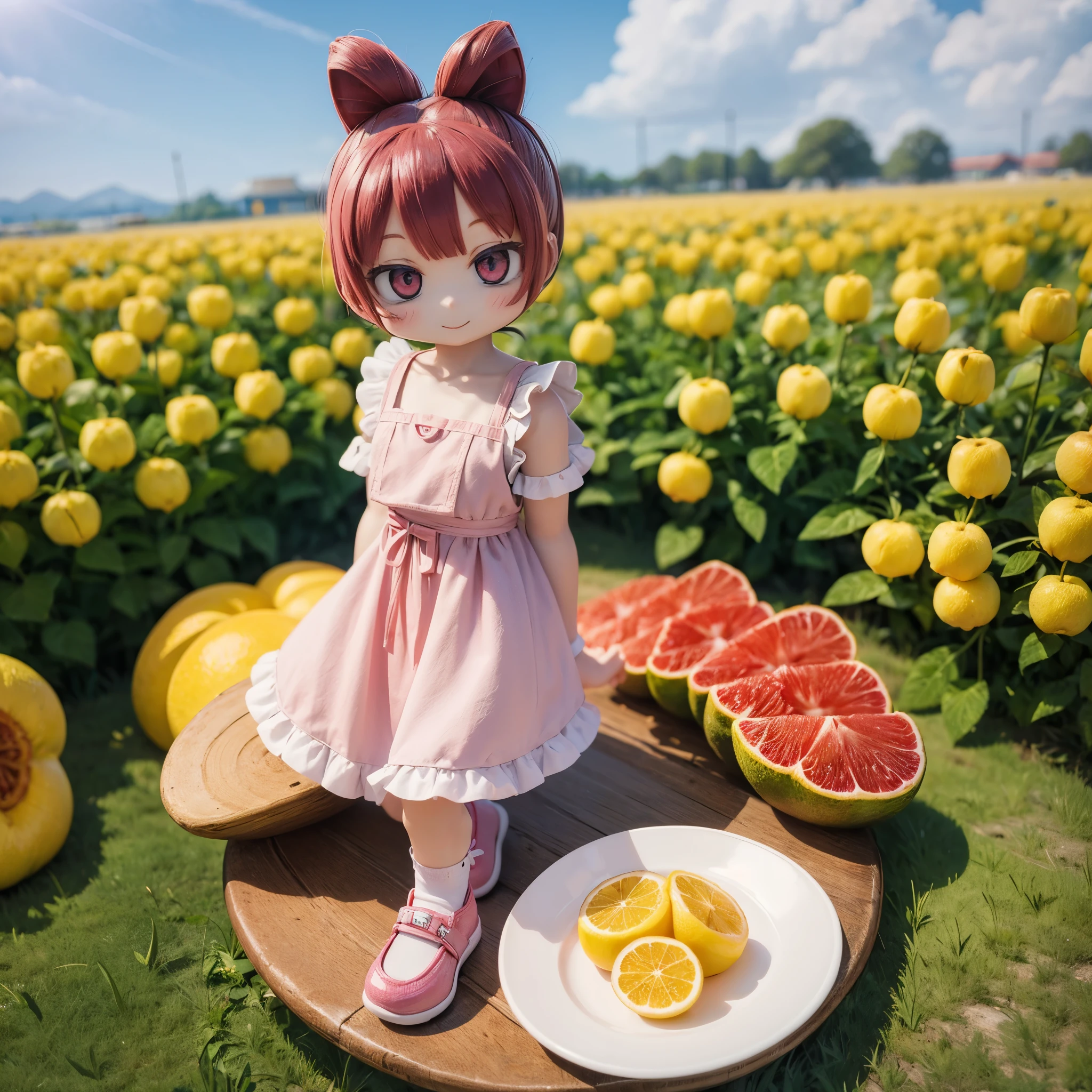 (photorealistic:1.37)、octane rendering、Chibi girl doll in the center of a fruit platter、Girl has twin tail hairstyle and smiles、Bright colors、soft sunlight、playful atmosphere、peaceful environment、detailed texture、Bright colors、cute shoes with accessories、He looks happy