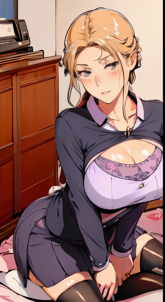 A housewife cleaning her room，sat on the ground，The eyes do not look at the lens，A shy look，Blushing mother，one braid，Smooth skin，Very meticulous clothes，Black stockings，extremly high detail，Random actions，interior scenes，is shy，kind，A MILF