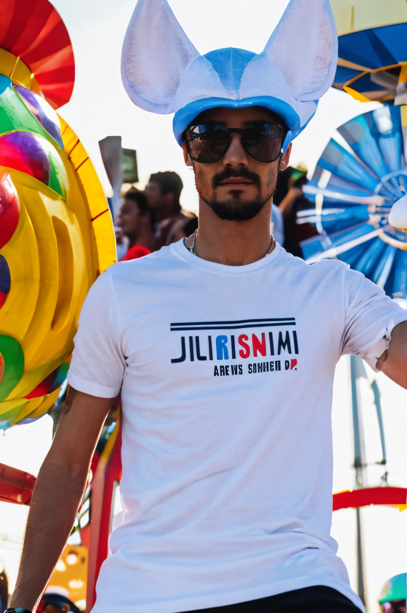 A person dressed as an alien in a carnival scene and wearing a white T-shirt. Hyperrealistic image.