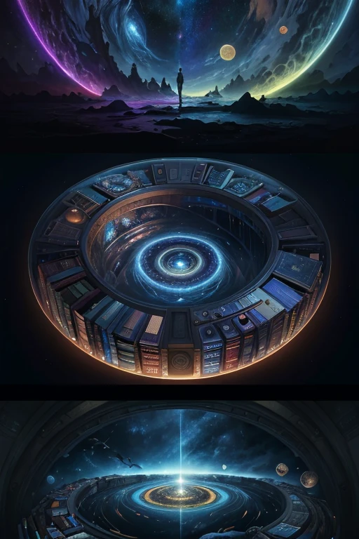 Highly detailed art in 4K，DreamlikeArt、detailed dreamscape、dreamy psychedelic、intricate、Epic composition、looking out into the cosmos，Stable diffusion cues：Gaze at the Infinite Whirlpool Library，There are endless books inside、Flight page、Portal、inter dimensional portal, Cinematic atmosphere、Negative dark mode、MC Escher、Senseijaye Art、Matrix atmosphere、Rotate digital codes and matte paintings。