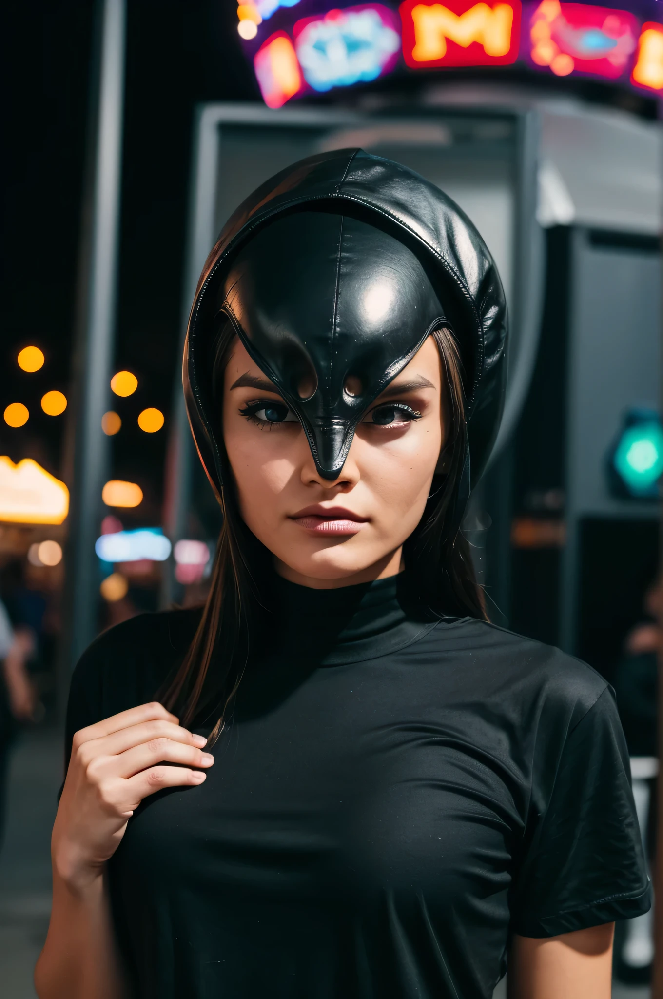 A person dressed as an alien head in a carnival setting and wearing a black T-shirt. Hyperrealistic image.