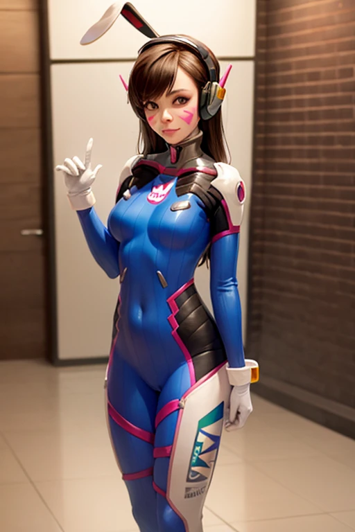 (masterpiece), (best quality),blue_bodysuit, 1girl, d.va_\(overwatch\), animal_print, bangs, bodysuit, bracer, medium_breasts, brick_wall, brown_eyes, brown_hair, whisker_markings, bunny_print, pilot_suit, pink_lips, ribbed_bodysuit, character_name, checkered_background, clothes_writing, facepaint, gloves, headphones, high_collar, honeycomb_\(pattern\), honeycomb_background, lips, long_hair, looking_at_viewer, solo, standing, swept_bangs, thigh_strap, tile_floor, tile_wall, tiles, turtleneck, white_footwear, white_gloves,pilot_suit,shoulder_armor, shoulder_pads, (kbxll:0.6),