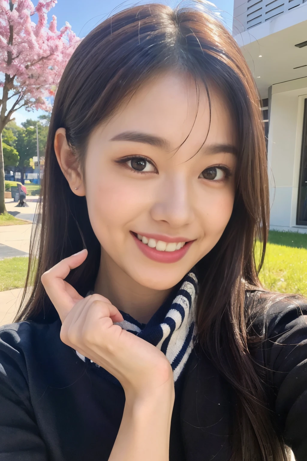 (8k, RAW photo, highest quality, masterpiece: 1.2), super detail, super resolution, (realistic, real photo: 1.37), (photorealistic: 1.6), portrait, high resolution RAW color photo, professional photo, very detailed and beautiful, real light (showing teeth and smiling), pointing at the camera (pointing here), beautiful view mixed with light, Cherry blossoms are dancing, cherry blossoms are dancing around the female proofreader, female proofreader is pointing her finger at this place, cute pose, playing in the park at night, moonlit night is beautiful. Super high image quality, 8k wallpaper, amazing cute smile, transcendent cute face, amazing details, red scarf, very detailed beautiful girls, different pattern face, one is a ponytail, modern cute schoolgirl, very detailed face very detailed eyes, very realistic skin, very detailed fingers, very detailed nose, very detailed mouth, perfect anatomy, very detailed sailor suit, very detailed background, After school. Smiling faces, fun spreads in the hallway, long straight hair, (dull bangs: 1.2), , schoolgirl youth Celebrity-level cuteness , (pink eye shadow)