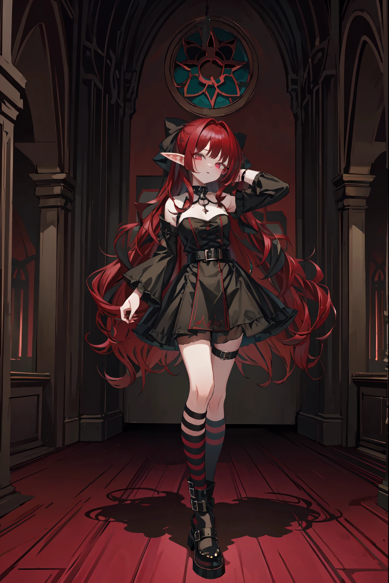 full shot (full body), elf girl, gothic clothes,gothic style,shoes, looking at viewer , big , sexy pose , red hair, arabian background , long wavy hair,long wavy hair , vivid colors, vibrant colors, red eyes,lf girl, gothic clothes, looking at viewer , big , sexy pose , red hair, arabian background , long wavy hair