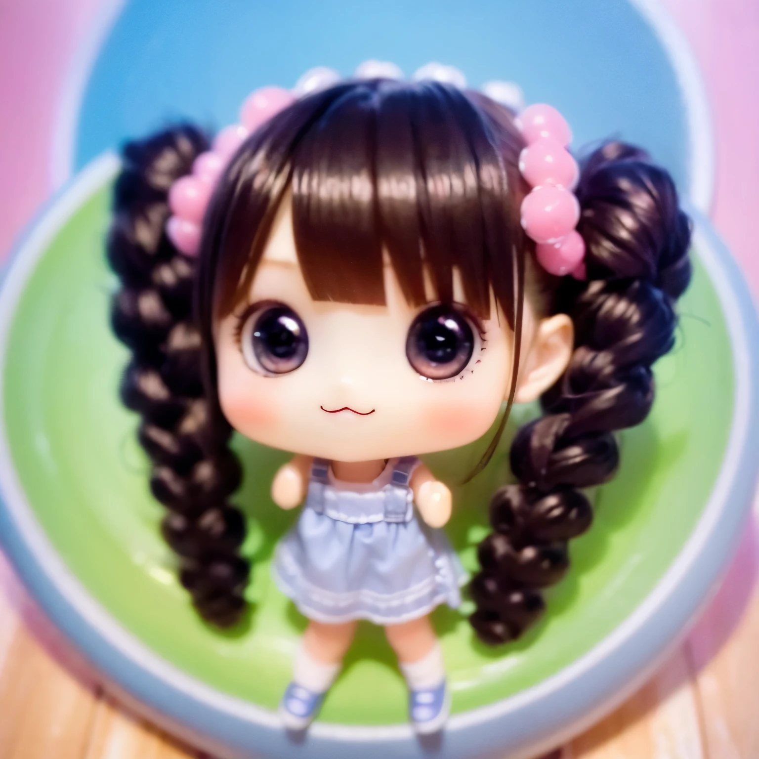 (photorealistic:1.37)、octane rendering、Chibi girl doll in the center of a fruit platter、Girl has twin tail hairstyle and smiles、Bright colors、soft sunlight、playful atmosphere、peaceful environment、detailed texture、Bright colors、cute shoes with accessories、He looks happy