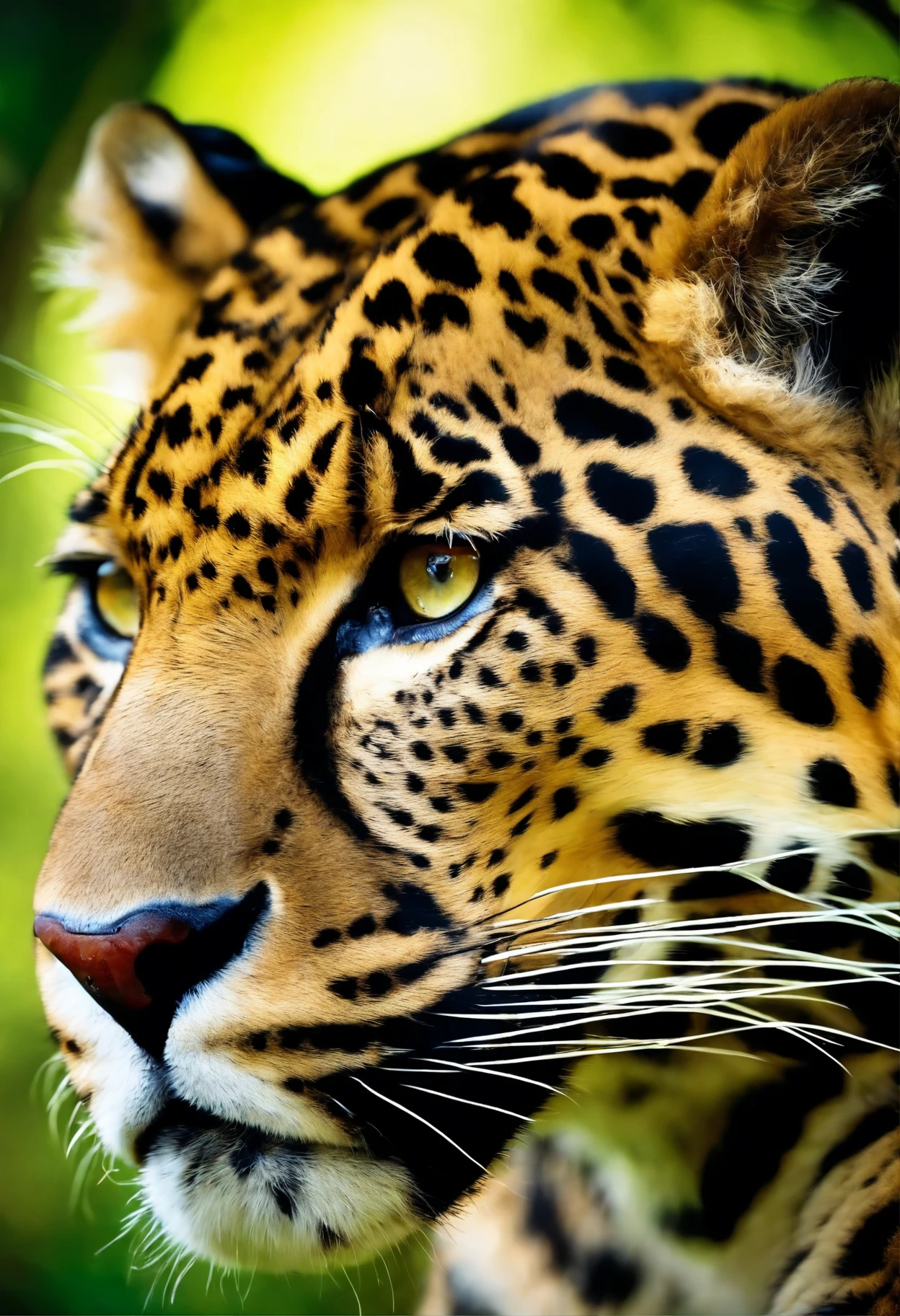 best quality,ultra-detailed,realistic,portrait,wild animal,jaguar,gazing,beautiful detailed eyes,sharp focus,sunlit fur,natural habitat,green foliage,curious expression,endangered species,vivid colors,nature photography,blurred background