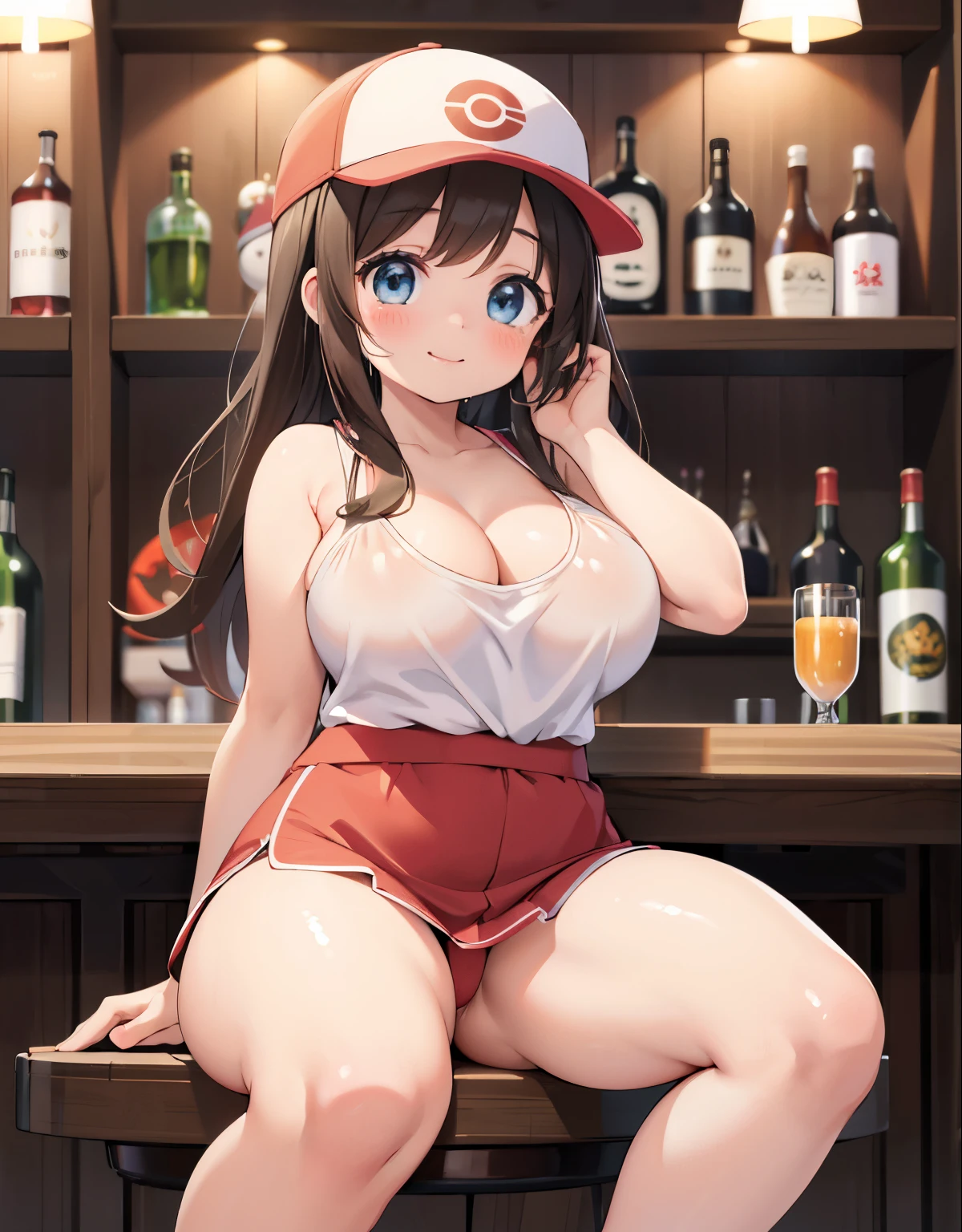 (best quality, highres, masterpiece:1.2), ultra-detailed, realistic:1.37, sketches, hilda pokemon, def1, age girl, sitting on her knees, curvy, visible thighs, chubby thighs, thick thighs, thighs in the foreground, body shape, en un bar, peronas mirando su cuerpo, personas tocando su cuerpo, curious look, pokeballs, smile, encanto femenino, love letter, downblouse, botellas de cerveza, cry
