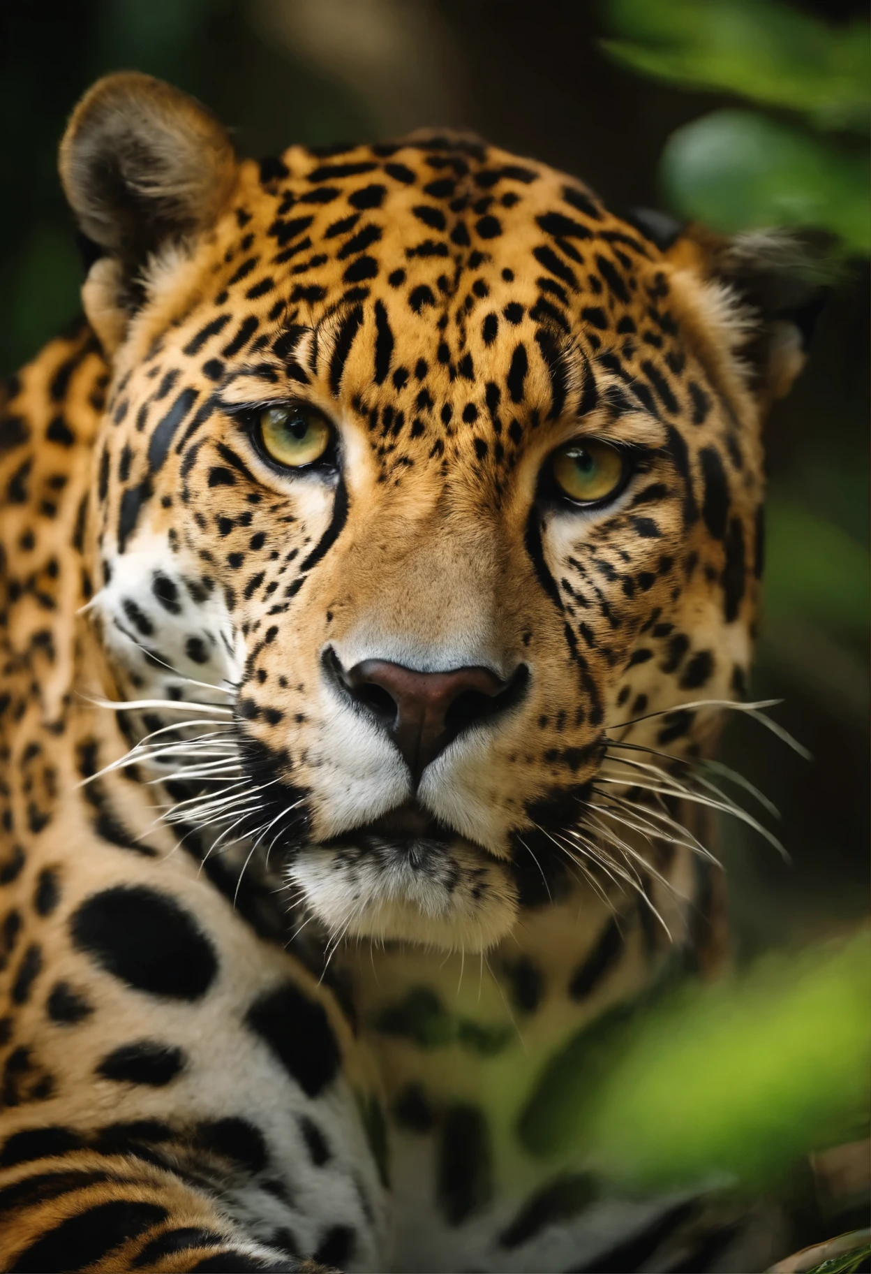 best quality,ultra-detailed,realistic,portrait,wild animal,jaguar,gazing,beautiful detailed eyes,sharp focus,sunlit fur,natural habitat,green foliage,curious expression,endangered species,vivid colors,nature photography,blurred background