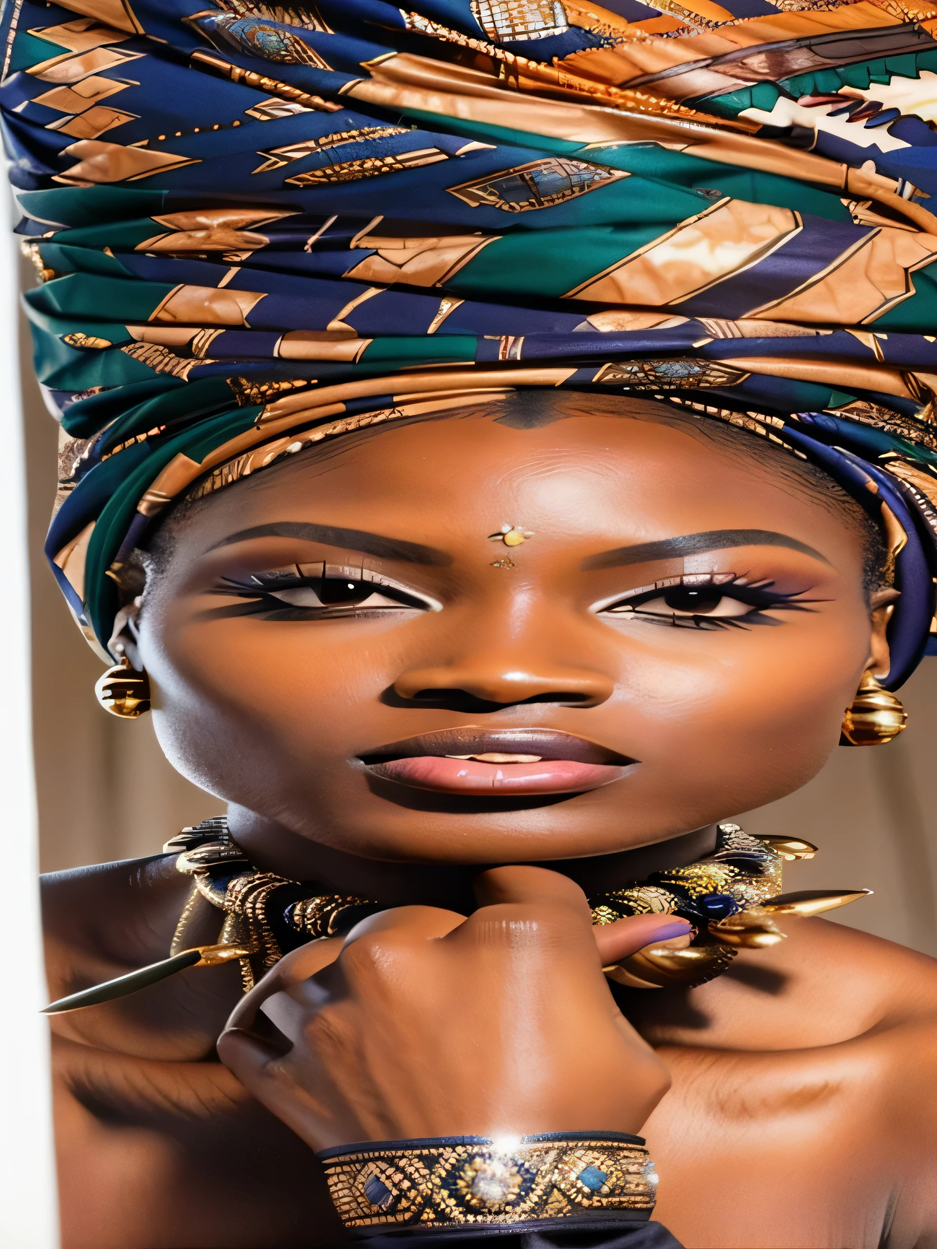 Close-up of woman wearing headscarf, portrait of ororo munroe, stunning african princess, Somali women, African woman, african queen, traditional beauty, african ameera al taweel, african princess, stunning beauty, cloth turban, Beautiful symmetrical face, African facial features, traditional makeup, hyperrealistic beautiful face, Beautiful symmetrical face