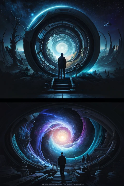 Highly detailed art in 4K,DreamlikeArt、detailed dreamscape、dreamy psychedelic、intricate、Epic composition、looking out into the cosmos,Stable diffusion cues:Gaze at the Infinite Whirlpool Library,There are endless books inside、Flight page、Portal、Stargate Portal, Cinematic atmosphere、Negative dark mode、MC Escher、Senseijaye Art、Matrix atmosphere、Rotate digital codes and matte paintings。