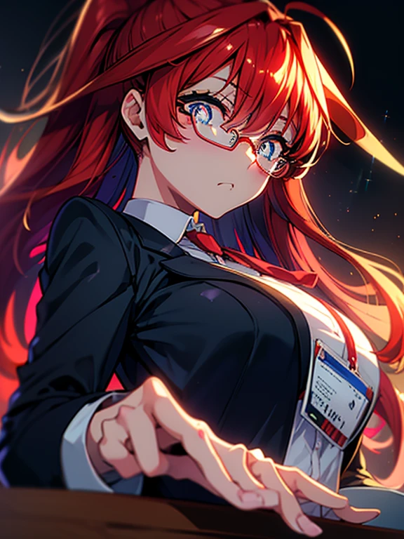 masterpiece, highest quality, 1 girl, Satsuki Nakano,Satsuki Nakano The Bride of Fifths,Red hair,Ahoge,long hair,blue eyes,Girl eating food,at a table,Amazing eyes, ponytail, big breasts , OL, Akabuchi Glasses, Fundo, black suit jacket, collared jacket, white dress shirt, collared shirt, neckline, button, strap, ID card on neck, black pencil skirt, black pantyhose,(masterpiece:1.2), highest quality, High resolution, unity 8k wallpaper, (figure:0.8), (beautiful and fine eyes:1.6), highly detailed face, perfect lighting, Very detailed CG, (perfect hands, perfect anatomy),