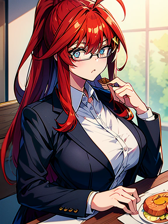 masterpiece, highest quality, 1 girl, Satsuki Nakano,Satsuki Nakano The Bride of Fifths,Red hair,Ahoge,long hair,blue eyes,Girl eating food,at a table,Amazing eyes, ponytail, big breasts , OL, Akabuchi Glasses, Fundo, black suit jacket, collared jacket, white dress shirt, collared shirt, neckline, button, strap, ID card on neck, black pencil skirt, black pantyhose,(masterpiece:1.2), highest quality, High resolution, unity 8k wallpaper, (figure:0.8), (beautiful and fine eyes:1.6), highly detailed face, perfect lighting, Very detailed CG, (perfect hands, perfect anatomy),