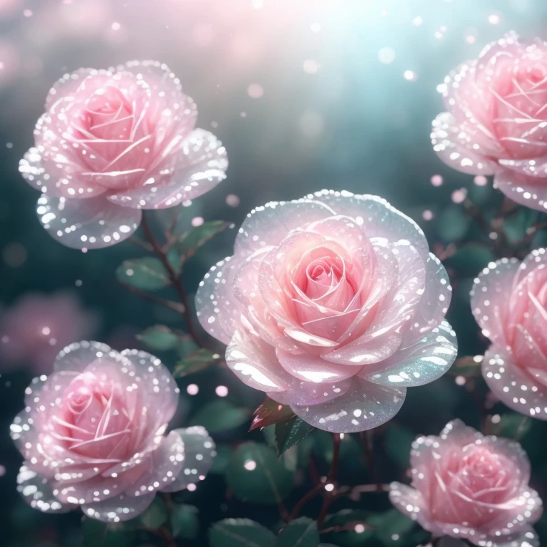 Crystal spring rose blossoms,Pink white gradient,water drop,Fantastical, galaxies, Transparent,, Pink white gradient,water drop,Light blue leaves,Sparkle, Sparkle, brilliance, aqua,colorful, Magical photography of light blue leaves, dramatic illumination, Photo realism, Ultra detailed, 4k, depthoffield, high resolusion