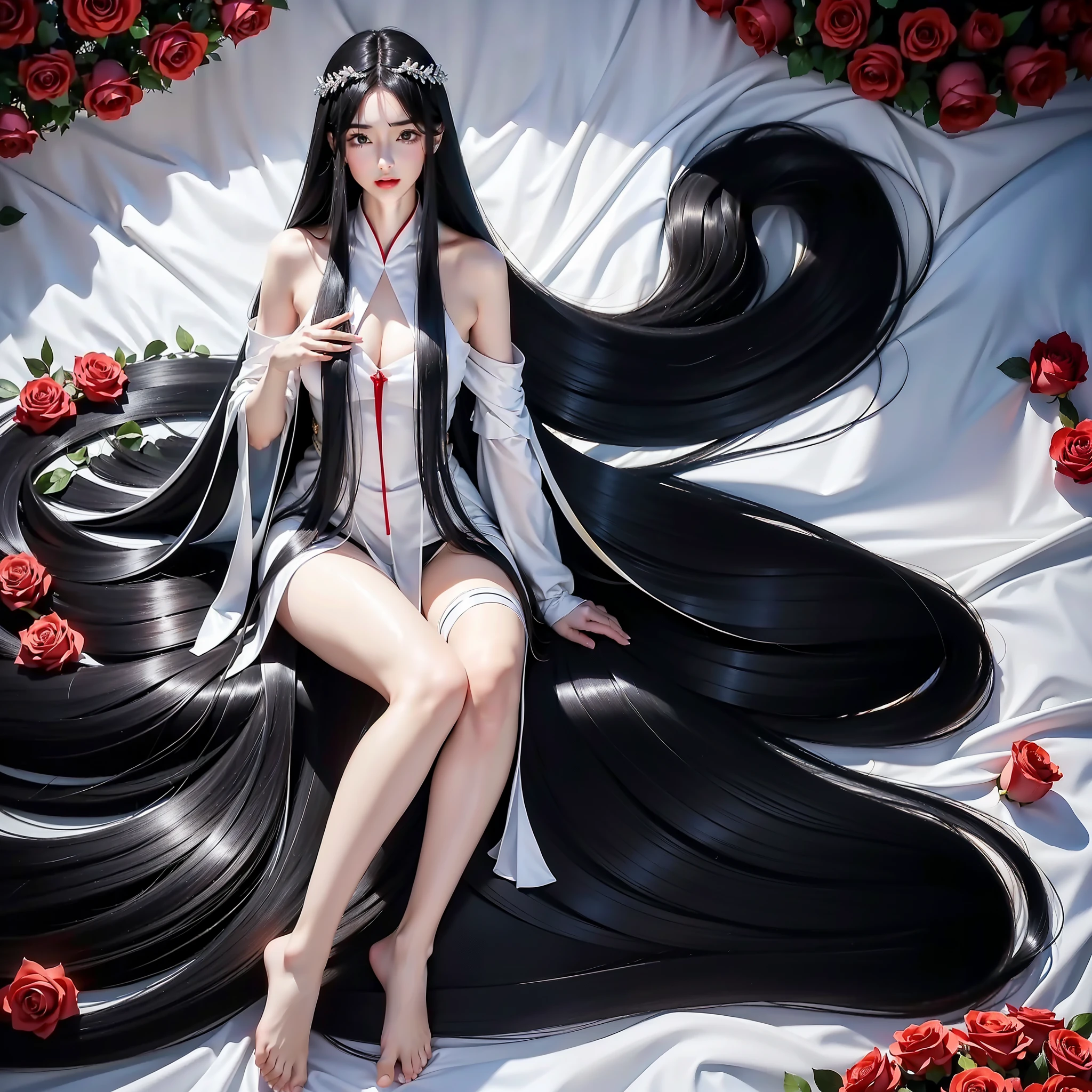 (best image quality、highest quality、highest resolution、Ultra-realistic photography、full body photo、masterpiece、16ｋ、）1 girl、Surprisingly long black hair is super beautiful、hair length about 3 meters、white underwear or naked、Hide the whole body with straight black hair、very beautiful face、well-groomed beautiful black hair、very large amount of hair、Ultra-long black hair with an emphasis on sex appeal as a woman、slim body shape、Lustrous beautiful hair、bright lighting、professional lighting、World long hair contest winner、full body real photo、head to toe photo、Photographed from approximately 4 meters away、super real、both hands、2 feet、The longest black hair in the world、Hair is heavy and tired、Hair longer than Rapunzel、very large amount of hair、I hide my whole body with very long black hair、Hair that is shampooed every day is very clean、Hair smells of roses、Very long black hair is my sex appeal、Very long black hair is my charm、Long black hair is a symbol of beauty、My pride is very long black hair、This long hair length and amount is admired all over the world、My very long black hair is spread out in a fan shape、looking back、sleep on your stomach、Silky black hair flowing from the shoulders to the floor、Ridiculously large amount of hair、The hair is ridiculously bushy、Wrap the entire bed in hair、Hide your hands with long hair、hide your legs with long hair、hide genitals with long hair、naked、