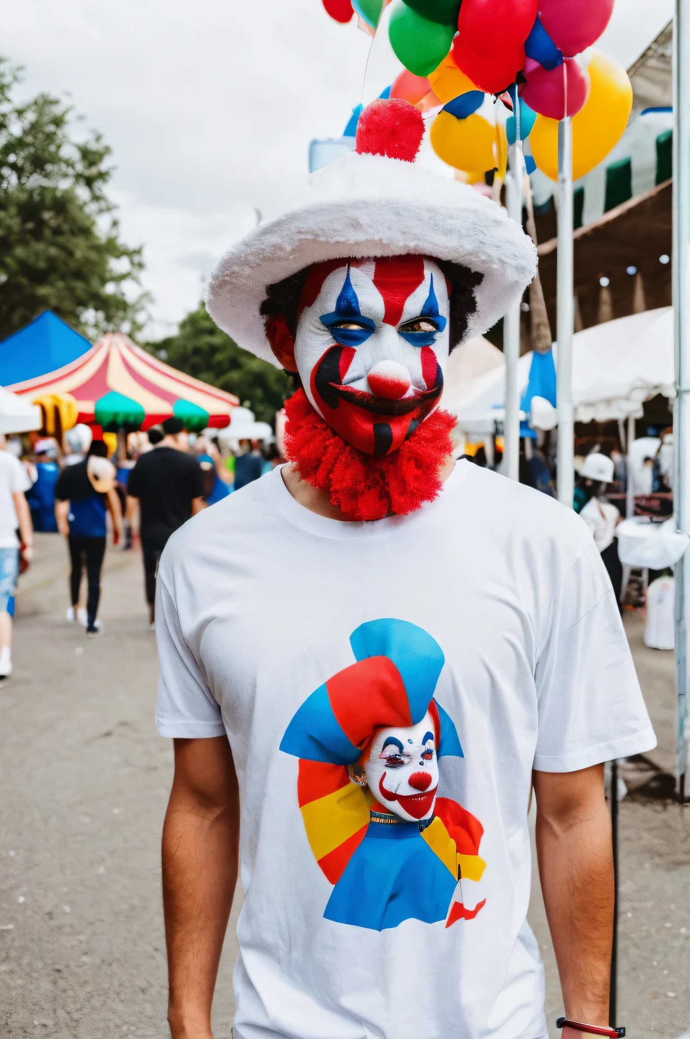 A person dressed as a clown in a carnival setting wearing a white T-shirt. Hyperrealistic image.