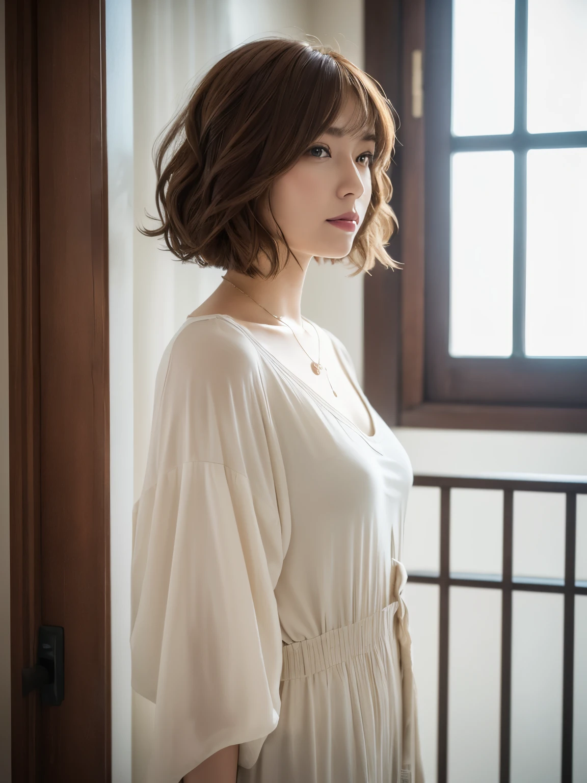 (layered haircut:1.2))、short wavy hair、8K、（Live shooting）、（highest quality）、（フォトrealistic：1.4）Reality to the touch Reality、(4Khigh resolution:1.2)、(high resolution, muste piece, highest qualityの, high detail, official: 1.4), (Reality: 1.2, ハイパーrealistic: 1.1, フォトrealisticです: 1.37), Depth of bounds written, (detailed description of hair), (Detailed description of the face), unparalleled beauty,, (35 years old,: 1.4)、I&#39;m a little depressed、white wall、(Taken in front of the white door)、((窓のあるwhite wallの部屋))、indoor、Natural light、short hair、bob hairhair、realistic、high resolution、High quality、profile、various poses、profile、bob hair、random pose、autumn clothes、winter clothes、 wearing necklace、reddish brown hair