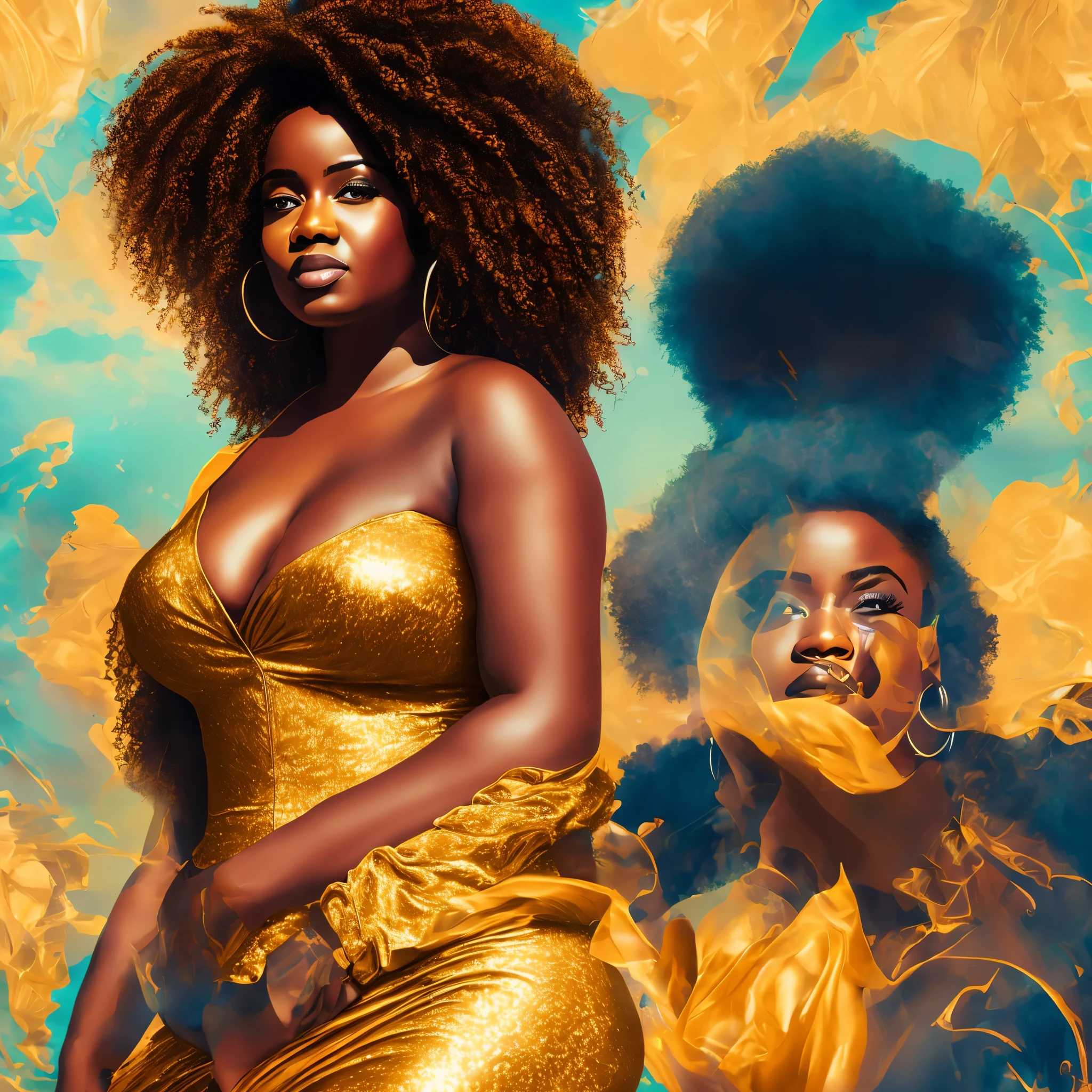 Digital Illustration of A thick black woman with afro hair wearing golden luxury clothes walking on The street, (thick body), ultra quality, 8K, olhar sensual, sensualidade, filha de uma deusa africana, african illustration style, fat woman, Water dripping texture