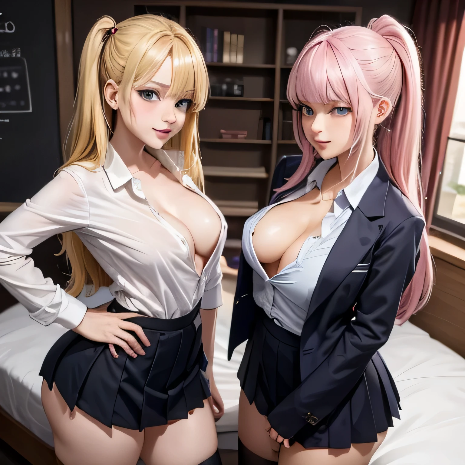 Two beauty students, 18yo, 1 blonde, 1 pink hair, school uniform, cleavage, open shirt,  big ass, seducing, at bedroom