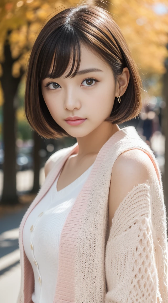 (Photographed:1.2)、(Realism:1.4)、(Masterpiece:1.3)、(top quality:1.4)、ultra high resolution、(delicate eyes)、(detailed facial features)、(Detailed clothing features)、8K resolution、solo focus、Bangs、double eyelids、beautiful lips、toned legs、(slim的女孩)、(a japanese girl)、(japanese face)、1 girl in、slim美人:1.3、brown haine hair、The background is a row of ginkgo trees、(((autumn clothes)))、(white vest)、(((Pink long sleeve cardigan)))、(long skirt)、on the street、(beautiful :1.2)、photorealistic body、white skinned、slim、(short hair:1.2)、(Bangs: 1.2)、bruises and ugly face、kawaii face、lifelike face、Delicate body、((sexy pose))、stunning lighting
