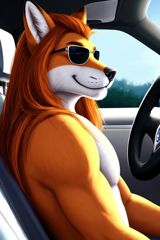 blue eyes,long hair,furry,anthroOrange Fox male,attractive,muscular,topless,half naked,in the car,smirk,smug,wearing sunglasses,looking back at viewer