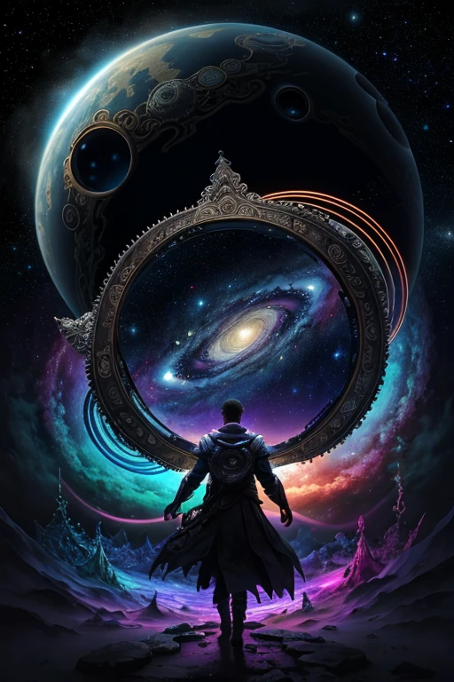Highly detailed art in 4K,DreamlikeArt、detailed dreamscape、dreamy psychedelic、intricate、Epic composition、looking out into the cosmos,Stable diffusion,There ar the whole universe at the background、Flight page、Portal、Stargate Portal, Cinematic atmosphere、Negative dark mode、MC Escher、Senseijaye Art、Matrix atmosphere、Rotate digital codes and matte paintings。