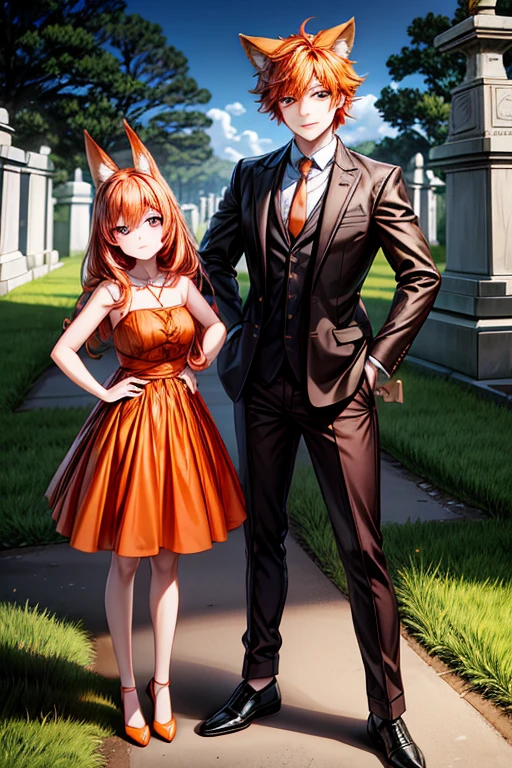 An orange haired man with orange eyes and orange fox ears and an orange fox tail is posing with a pink haired woman with violet eyes in a cemetery