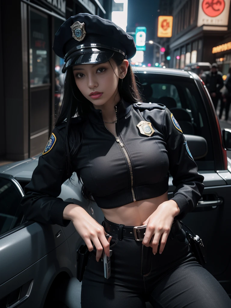 Highest image quality,Outstanding details,超高分辨率,one-girl,mechs,She wears a sexy police uniform,Holding a gun in both hands,Robust body,Sexy and robust,Detailed abs,Detailed muscle lines,dynamicposes,the night,Future city street view background,neonlight,sense of science and technology,future-tech,Very detailed cyberpunk style,cyber punk perssonage,Highly detailed police uniforms,Highly detailed police cap,Police badge,wear police cap,Highly detailed guns,Highly detailed Bluetooth headset,intercom,Wireless devices,Highly detailed handcuffs,Highly detailed police equipment,Highly detailed police car,frontage,Full body photo,Look from the bottom up,look from down, looki at viewer