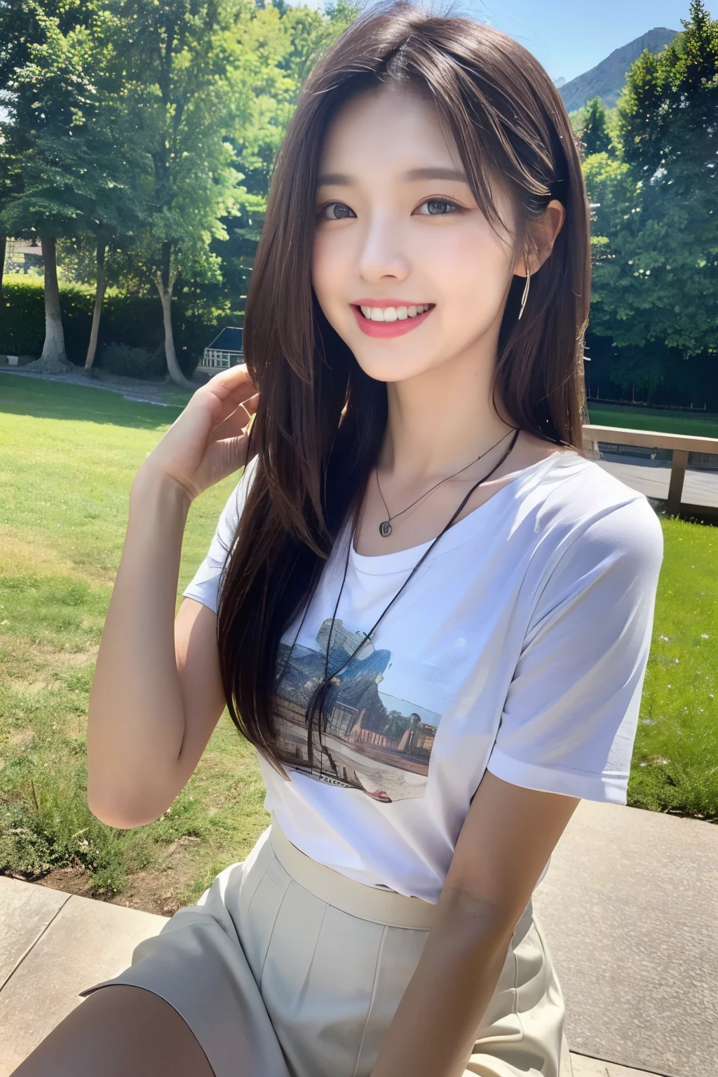 (Best quality, high resolution, Masterpiece: 1.3), a beautiful woman with a slender figure, (dark brown layered hairstyle), wearing a pendant, t-shirt, white skirt, outdoors, scenic beauty, lakes and mountains in distant background, details in face and skin texture beautifully rendered, details eyes, (best quality, high resolution, masterpiece: 1.3), a beautiful woman with a slim figure, (dark brown layered hairstyle), wearing pendant, t-shirt, white midskirt, outdoors, background random, details in face and skin texture beautifully rendered, detail eyes, double eyelids, seductive laugh, feminine laugh, seductive pose