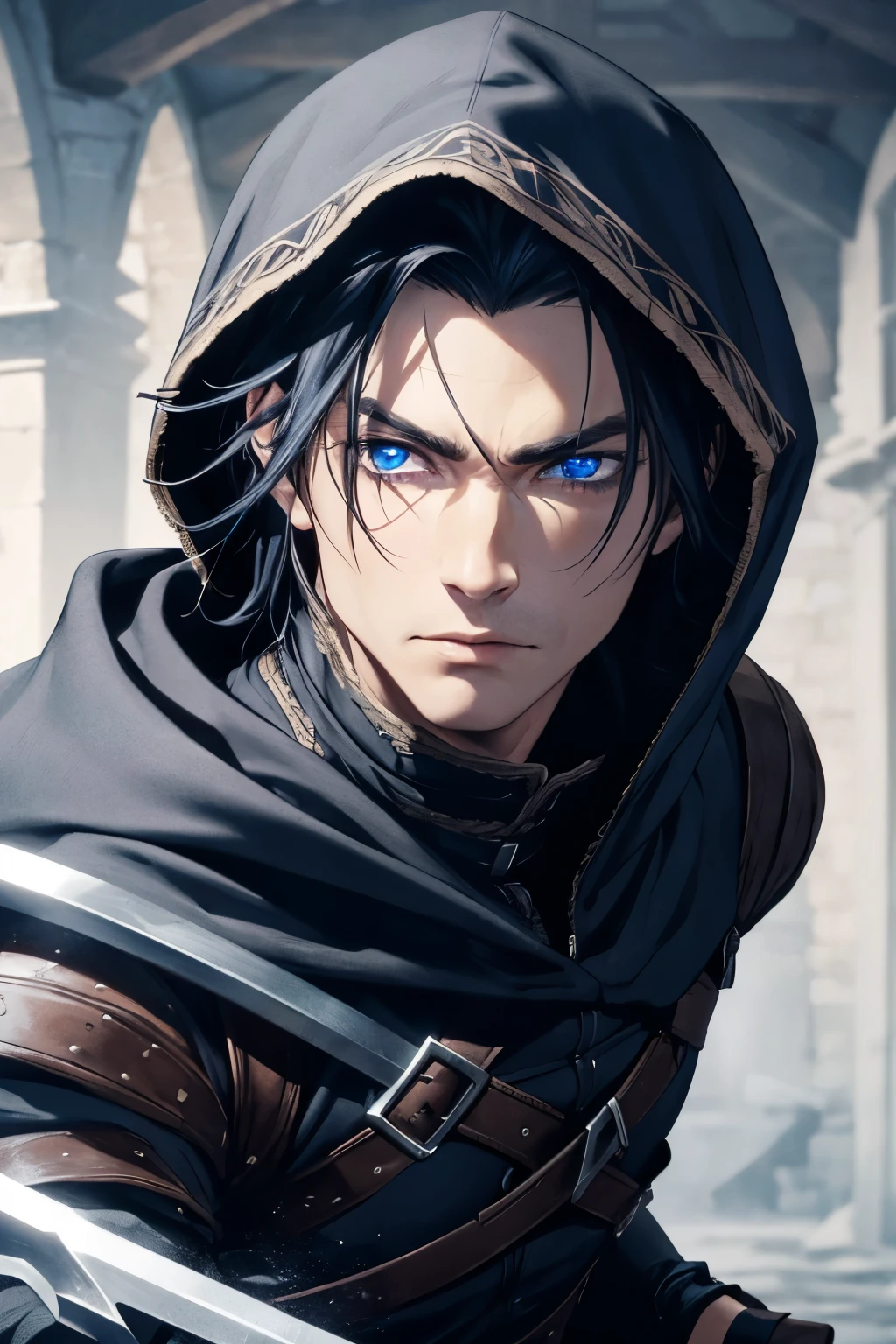 (extremely detailed 8k wallpaper), a medium shot of a fearful rogue, male, male focus, black hair, blue eyes, black clothing, hooded, medieval, intricate, high detail
