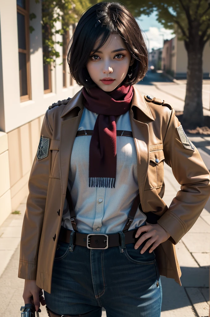 (Best Quality, Masterpiece:1.4), (Realism:1.2), (Realisitc:1.2), (Absurdres:1.2), (photorealistic:1.3), 1girl,Realistic Skin,Solo,( Very Big Eyes,beautiful detailed eyes, symmetric eyes), outdoors,cowboy shot,mikasa_ackerman, scarf, jacket, paradis military uniform, belt, thigh strap