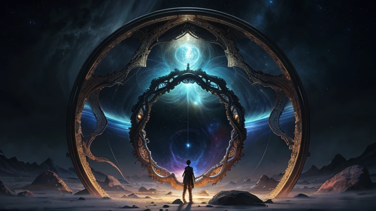 Highly detailed art in 4K,DreamlikeArt、detailed dreamscape、dreamy psychedelic、intricate、Epic composition、looking out into the cosmos,Stable diffusion,Portal, There are the whole universe at the background、there is a different world inside the Portal、Stargate Portal, Cinematic atmosphere、Negative dark mode、MC Escher、Senseijaye Art、Matrix atmosphere、Rotate digital codes and matte paintings。