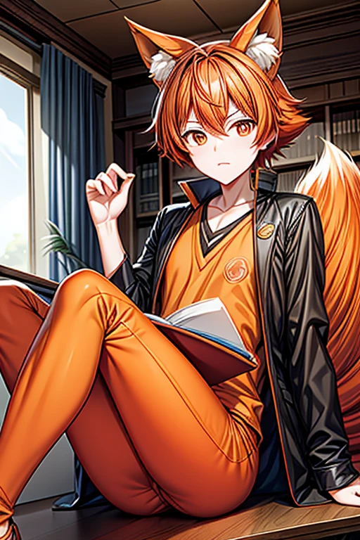 An orange haired man with orange eyes and orange fox ears and an orange fox tail is sitting behind a desk at a library