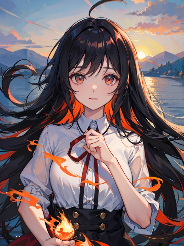 Anime girl , detailed face and  black hair which hair tips are amber orange mix colour like fire , with beautiful led eyes , the girl leaning on relling of a bridge over a road , background of sun set , the girl view the beautiful scene of sunset , the rays of sunset light falls upon her , the reflection of sunset view captured in her red beautiful eyes . There some water before tear in her eyes but she give cute smile of relief , little side fiew potrait image , only head,neck and little upper body area in image , the girl wearing white tshirt and wearing black oversized jacket on it with some red orange colour line details 