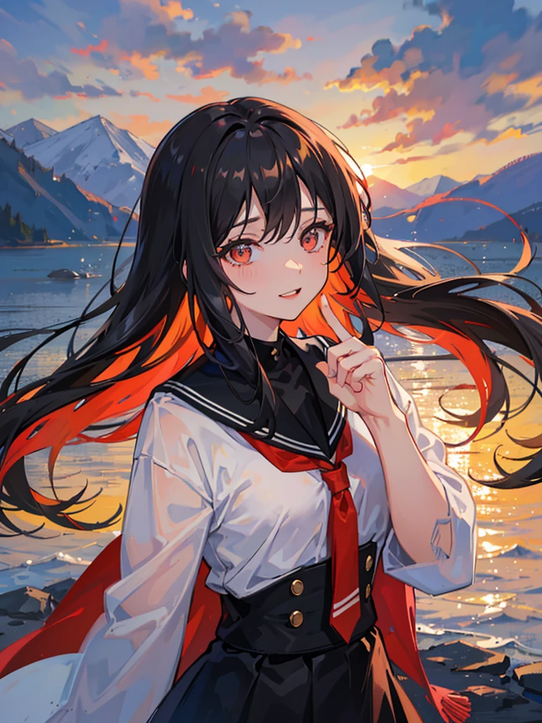 Anime girl , detailed face and  black hair which hair tips are amber orange mix colour like fire , with beautiful led eyes , the girl leaning on relling of a bridge over a road , background of sun set , the girl view the beautiful scene of sunset , the rays of sunset light falls upon her , the reflection of sunset view captured in her red beautiful eyes . There some water before tear in her eyes but she give cute smile of relief , little side fiew potrait image , only head,neck and little upper body area in image , the girl wearing white tshirt and wearing black oversized jacket on it with some red orange colour line details 