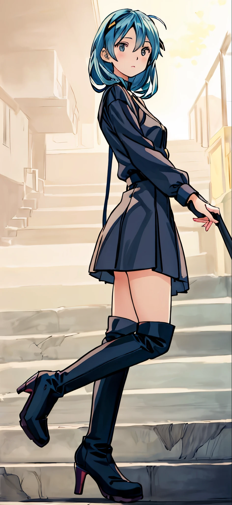 (highest quality,High resolution,masterpiece:1.2),super detailed,realistic:1.37,cute anime girl,anime illustration,black dress,high heel boots,cute facial expressions,short skirt,stage,anime style boots,anime inspired art, Pixiv style anime art, Pixiv style cute girl,Cute anime visuals,yandere,Anime Artwork,anime character art,Inspired by Dolls Frontline,cute expression,Smooth anime CG art,anime art style,anime girl walking up stage,long hair,Big eyes,expressionless face,dark background,soft lighting,anime aesthetics,Anime style character illustration,anime girl standing