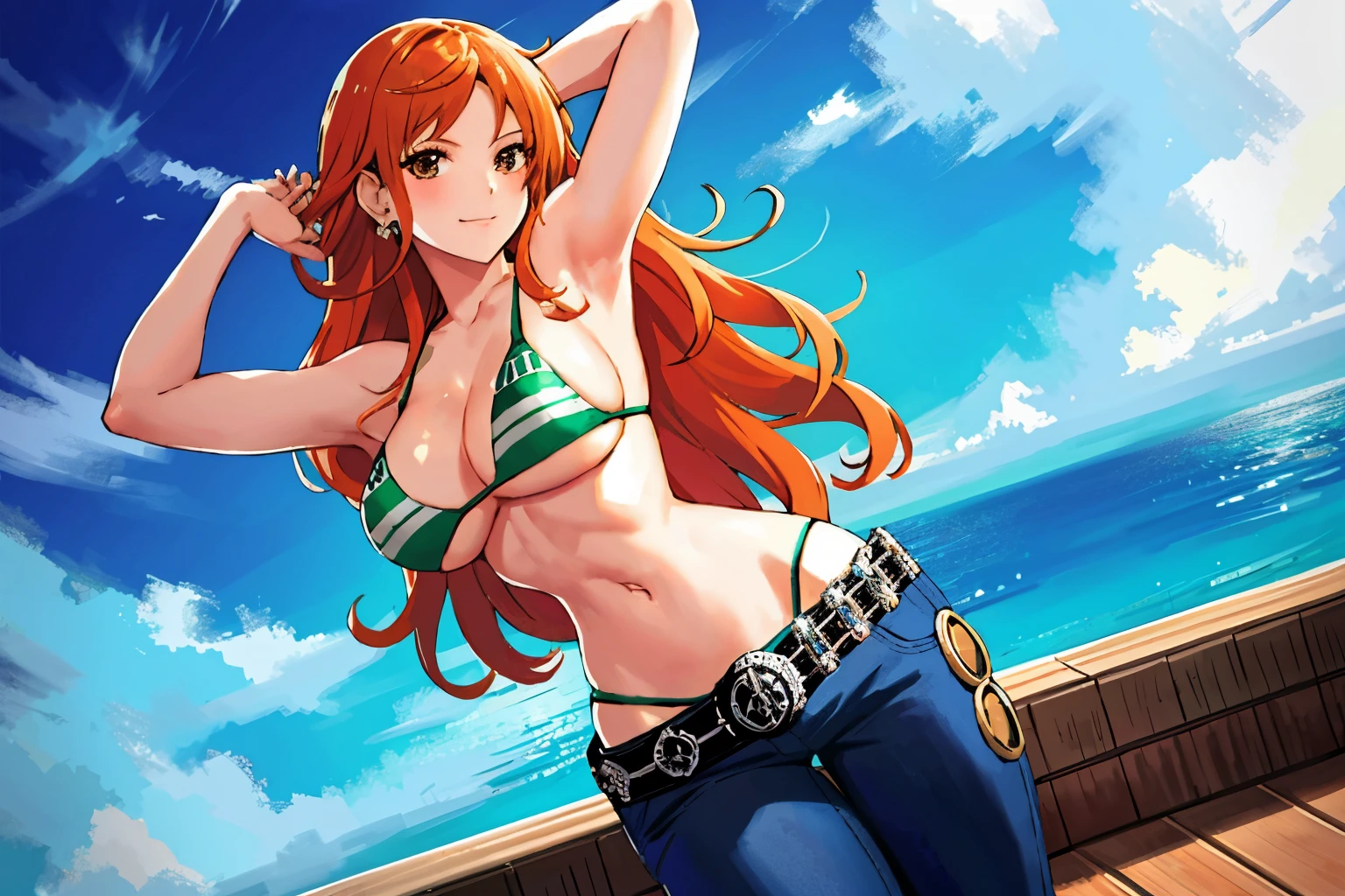 detailed background, masterpiece,  Nip Slip, best quality, 1 woman, alone, Us \(One Piece\), 1 woman, bangle, hands out of frame, detailed arm, strong arms, muscular body, flex one&#39;s muscles, fascinating, forehead, bare shoulders, belt, bikini, bikini top only, blue sky, bracelet, chest, brown eyes, foam, split, cloud, cowboy shot, afternoon, request, earring, floating hair, green belt, green bikini, groin, requestpants, bijouterie, large chest, Log Pose, long hair, looking at viewer, navel, Orange hair, pants, shoulder Tattoo, side lock, sky, laugh, alone, Lying on the floor, posing, stomach, swimsuit, Tattoo, sweaty armpits