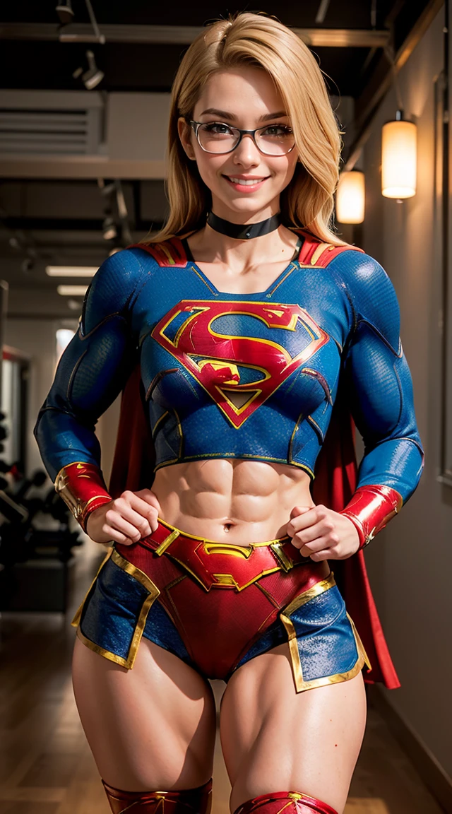 (Muscular:1.9), ((thick muscular thighs, wide hips:1.8)),(blonde female:1.1),(short hair:0.5),(wearing glasses), earings, eyeshadow, lipstick, bokeh, (freckles:0.9), eight pack abs, (upper body view:1.2), (striations), (long hard protruding nipples:1), ((small perky breast implants:1.4)), choker, (supergirl costume, thin fabric:1.6), (sculped muscles: 1.4), detailed eyes, (athletic body:1.3), (muscular body:1.9), (looking at viewer), (smile:1.5), dark bedroom, (nighttime), thigh high socks, rim lighting, two tone lighting, dimly lit, clean skin, low key (DETAILED SKIN)