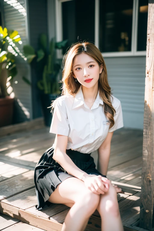 wide angle photography shot by Nikon-z9, (50mm lens, f/1.4, ISO 100), A woman model 18 years old , long blonde curl hair , slim shape, (white short sleeve shirt | Black pleated skirt), mahalai uniform, sneakers , seductive smile , seductive pose, mole on breast, Modern home with plants , film grain:1.5, A morning scene captures a student outside the house, bathed in soft morning light, with the rays gently illuminating from a unique angle, morning sunlight, yellow sunbeam, (RAW photo), (photorealistic), (masterpiece), (intricate detailed), (best quality), (professional photography), (realistic:1.5), (soft light), (defuse lighting:0.7), (ambient lighting:0.6), (rim lighting,:1.2), fine textures, (depth of field:1.2), (bokeh:1.2), (face focus), film overlay, film grain,