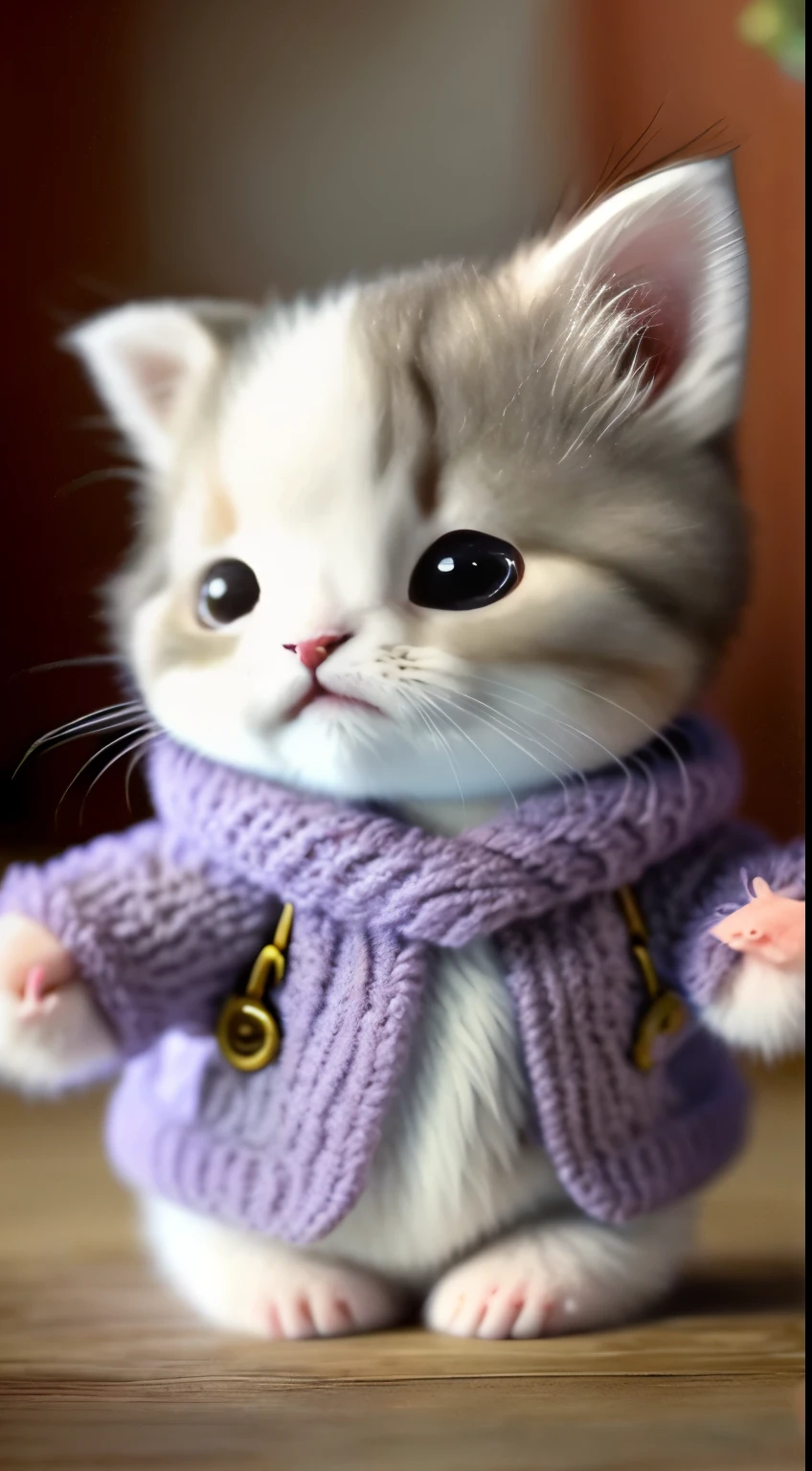 kitten in clothes， miniature kitten， Animal focus， bearded， realistic， POV Hand， ambiguous background，smile，interesting、