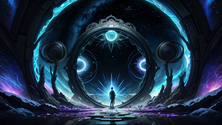 Highly detailed art in 4K,DreamlikeArt、detailed dreamscape、dreamy psychedelic、intricate、Epic composition、looking out into the cosmos,Stable diffusion,Stargate Portal、there is a different world inside the Portal, Cinematic atmosphere、Negative dark mode、MC Escher、Senseijaye Art、Matrix atmosphere、Rotate digital codes and matte paintings。