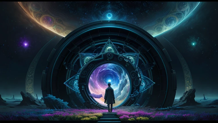 Highly detailed art in 4K，DreamlikeArt、detailed dreamscape、dreamy psychedelic、intricate、Epic composition、looking out into the cosmos，Stable diffusion，Stargate Portal、there is a different world inside the Portal, Cinematic atmosphere、Negative dark mode、MC Escher、Senseijaye Art、Matrix atmosphere、Rotate digital codes and matte paintings。
